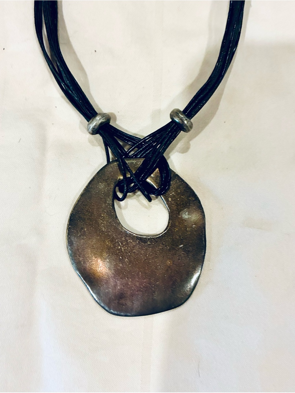 Chico’s Vintage Simple Menagerie Black Cord Necklace w/ Bronze Pendant